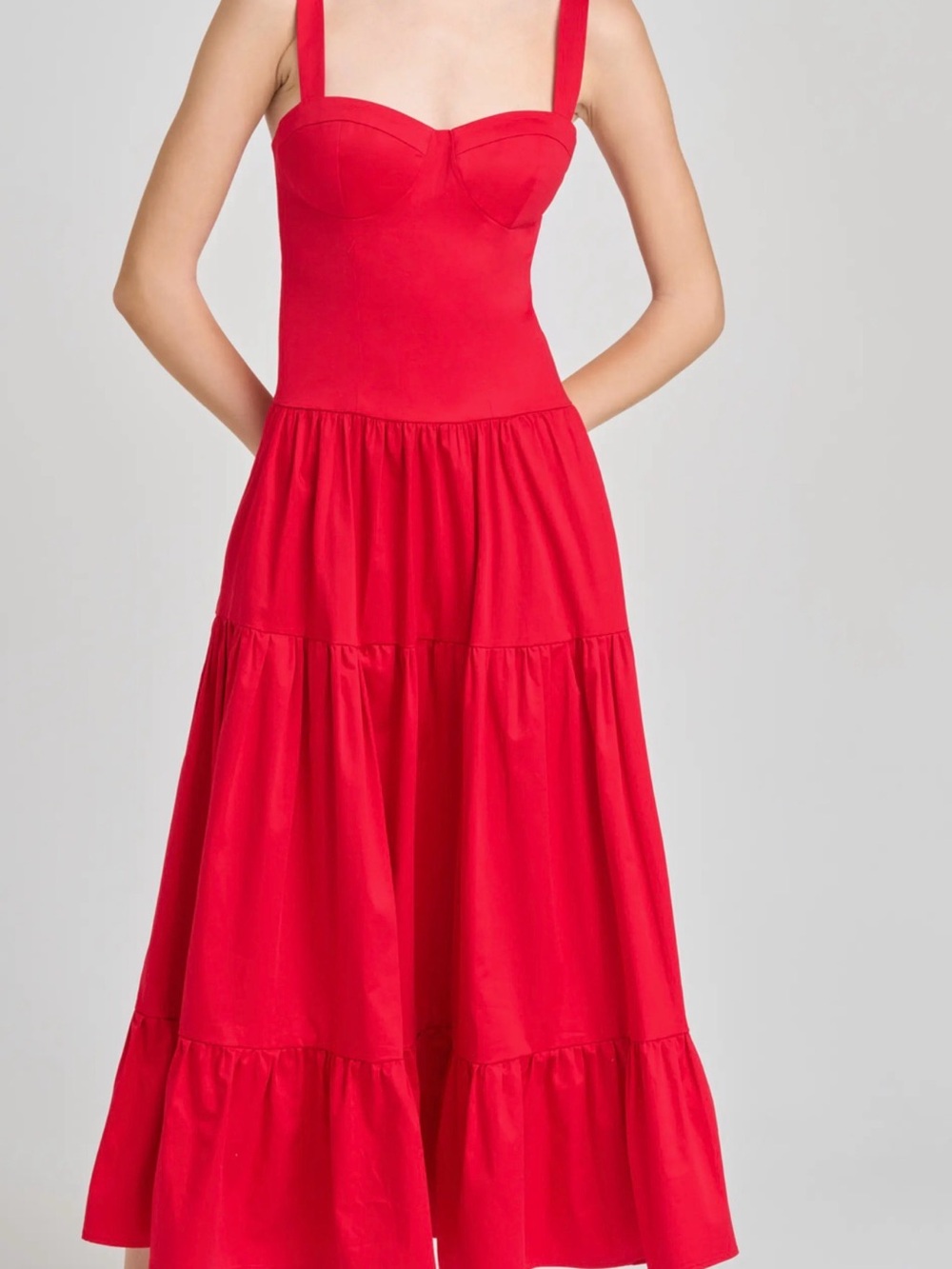 Wayf Red Tiered Midi Dress with Sweetheart Bodice